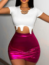 Vibrant Solid Color Chain Decor T-Shirt - Trendy Asymmetrical Hem, Comfortable Short Sleeve, Fashionable Crop Length, Perfect for Spring and Summer Seasons - Stylish Womens Apparel