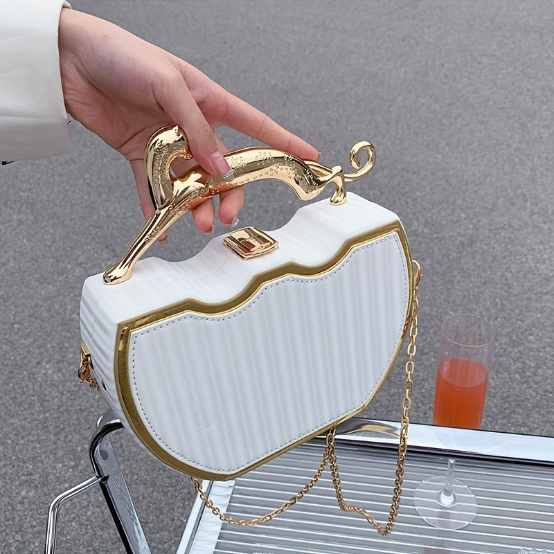 Stylish White Clip-On Bag with Golden Chain Strap - Elegant Kiss Lock Design, Detachable Shoulder Strap, Perfect for Everyday Use