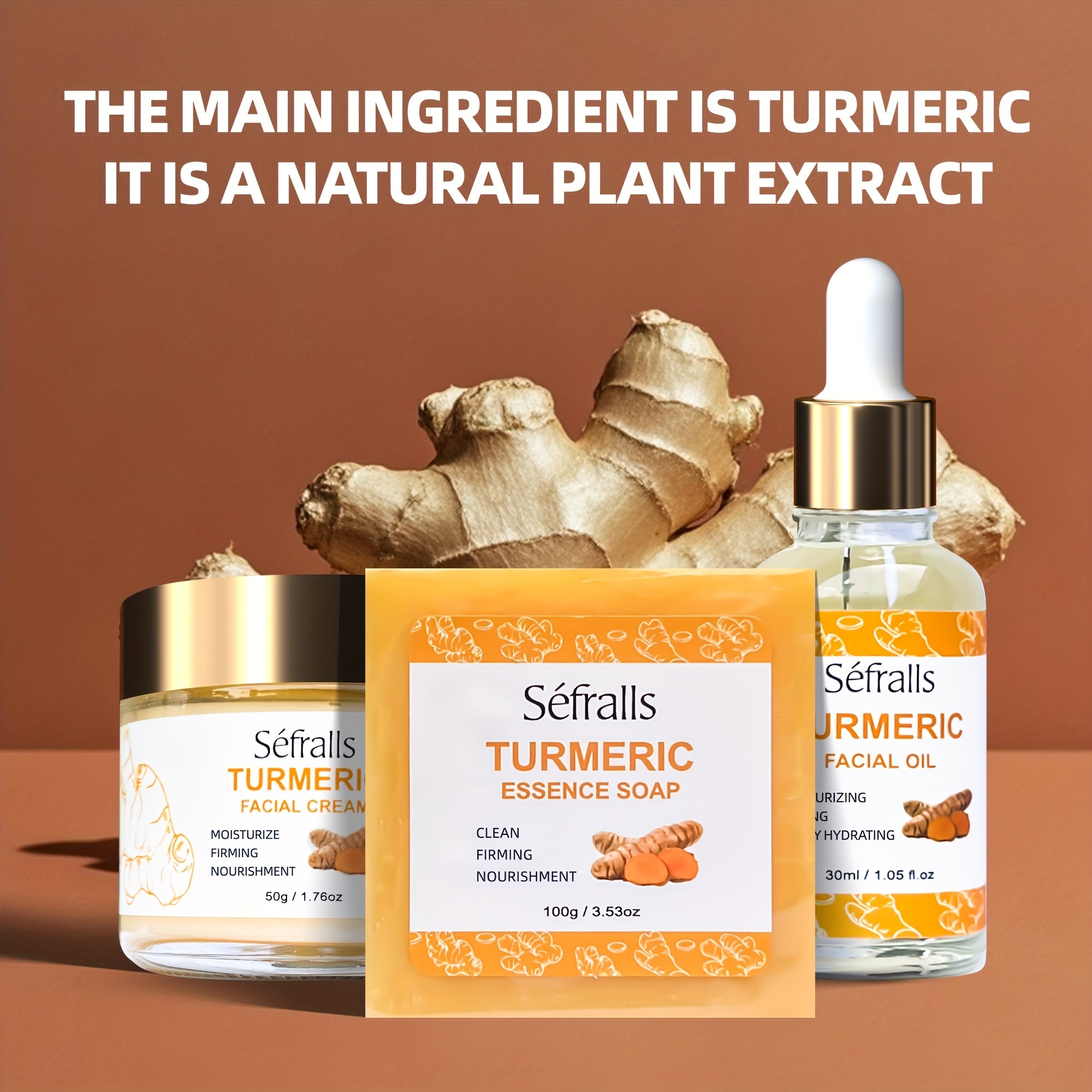 Séfralls Turmeric 3pcs/Set (TURMERIC FACIAL CREAM, TURMERIC ESSENCE SOAP, TURMERIC FACIAL OIL) Plant Extract Cleaning And Moisturizing Skin Care Set Natural Ingredients Mild And Non Irritating Cleaning Hand Soap Moisturizing
