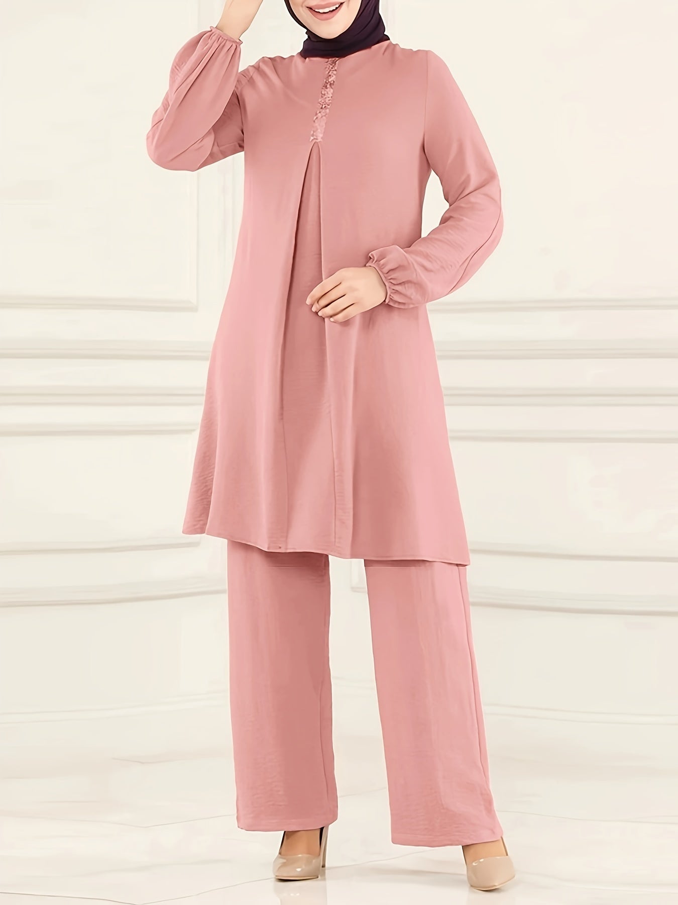 Ramadan Elegant Solid Muslim Two-piece Set, Long Sleeve Crew Neck Top & Straight Leg Pants Outfits, Women's Clothing