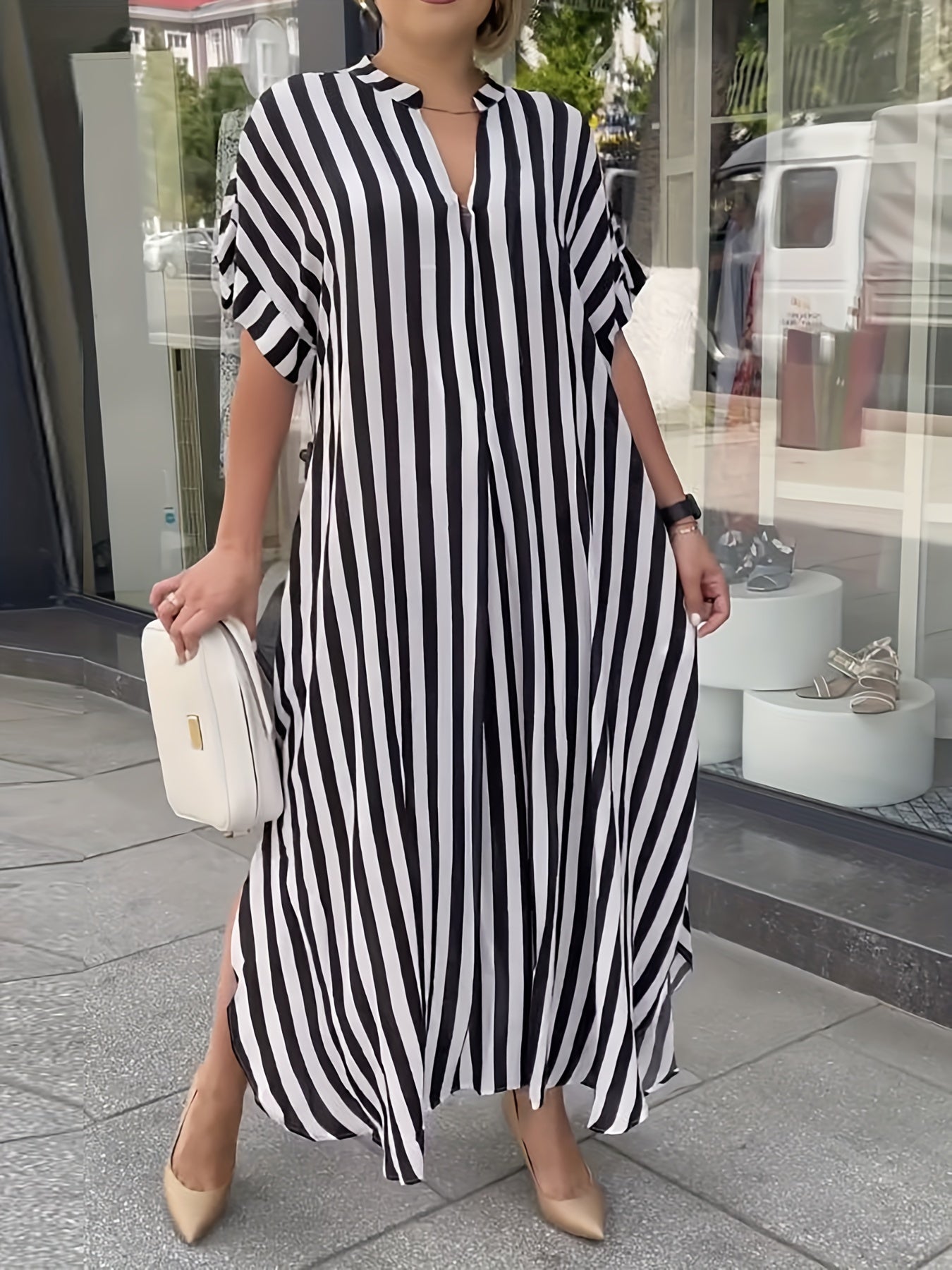 Women'S Plus Size Black & White Striped Shirt Dress - Casual V-Neck, Short Sleeve, Mid-Length with Chest Pocket, Loose Fit for Spring/Summer/Fall, Casual Attire|Vneck Dress|Nonpadded Dres