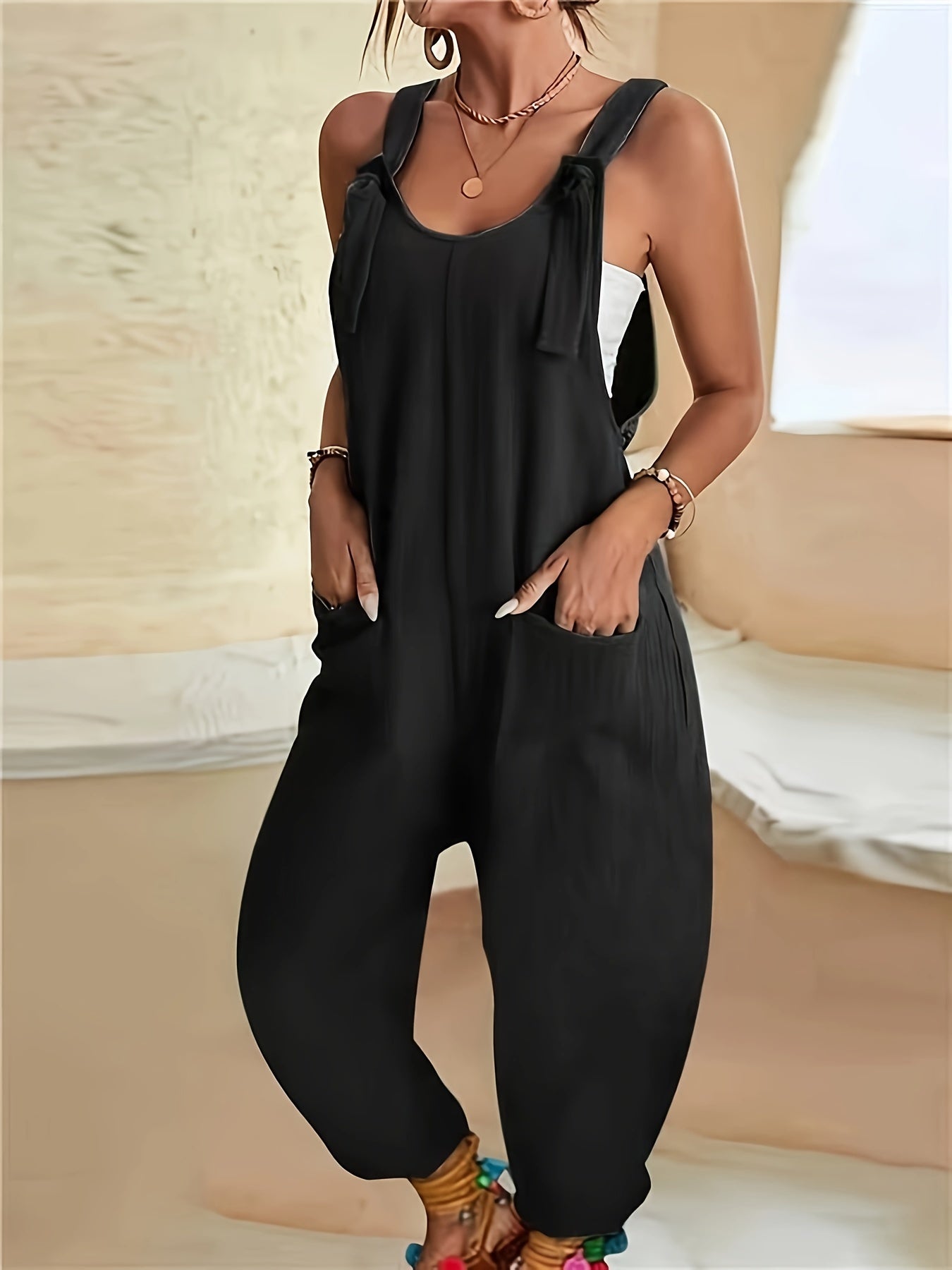 Solid Color Pockets Overall Jumpsuit, Casual Knot Front Loose Overall Jumpsuit For Spring & Summer, Women's Clothing