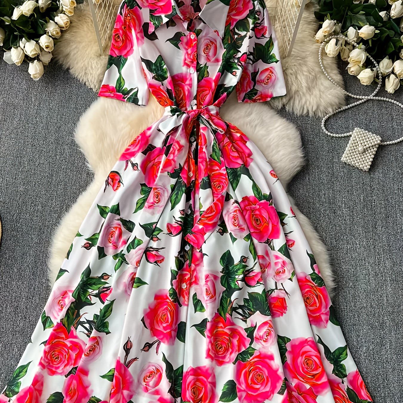 Elegant Women'S Floral Print Dress with Short Sleeves, Lapel Collar, and Cinched Waist - Romantic Rose Design, Perfect for Spring Outings, Garden Parties, and Casual Events, Garden Party Dress | Floral Print Dress | Stylish D