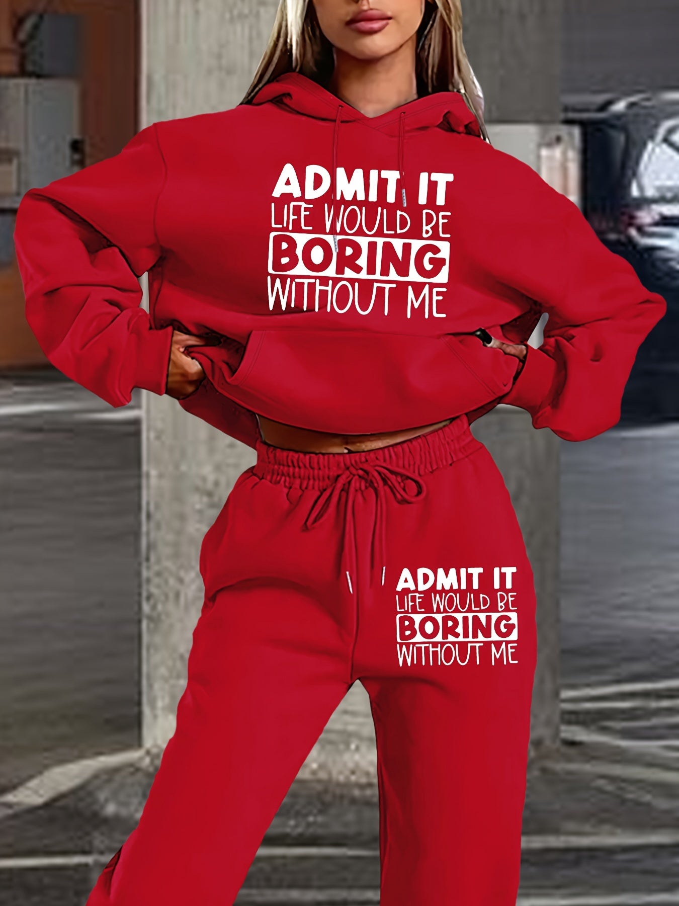 Women's Casual Hoodie & Jogger Set - Letter Print, Long Sleeve with Pockets, Polyester Blend, Machine Washable - Perfect for Fall/Winter