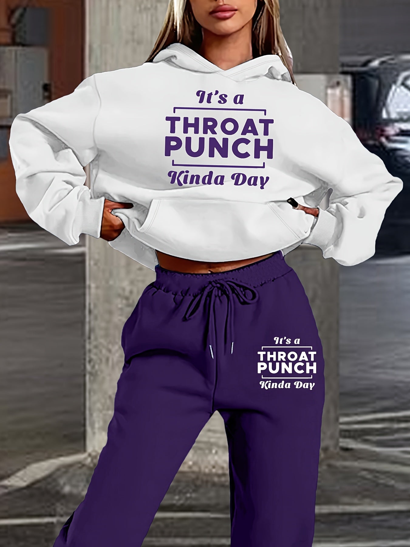 Women's Fashionable Athletic Two-Piece Set: White Hoodie with "THROAT PUNCH" Print & Blue Joggers with Drawstring - Casual, Trendy Streetwear, Polyester, Relaxed Fit Clothing|Playful Graphic Print|Glossy Fabric