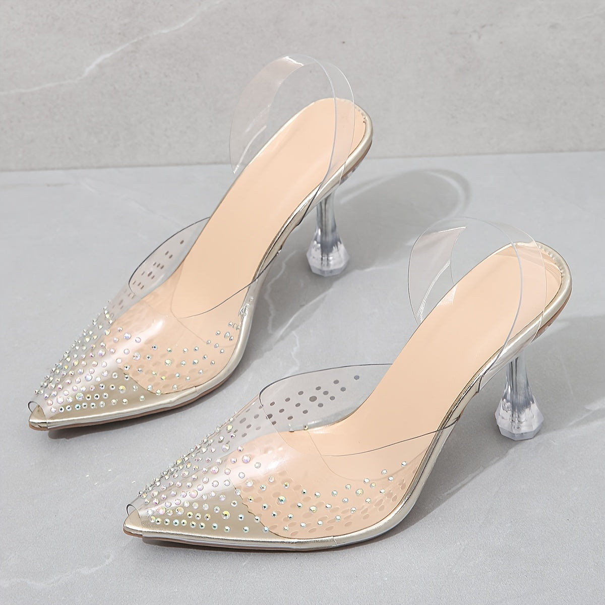 Women's Rhinestone Decor Stiletto Heels, Elegant Point Toe Dress Pumps, Fashion Transparent Strap Heels
