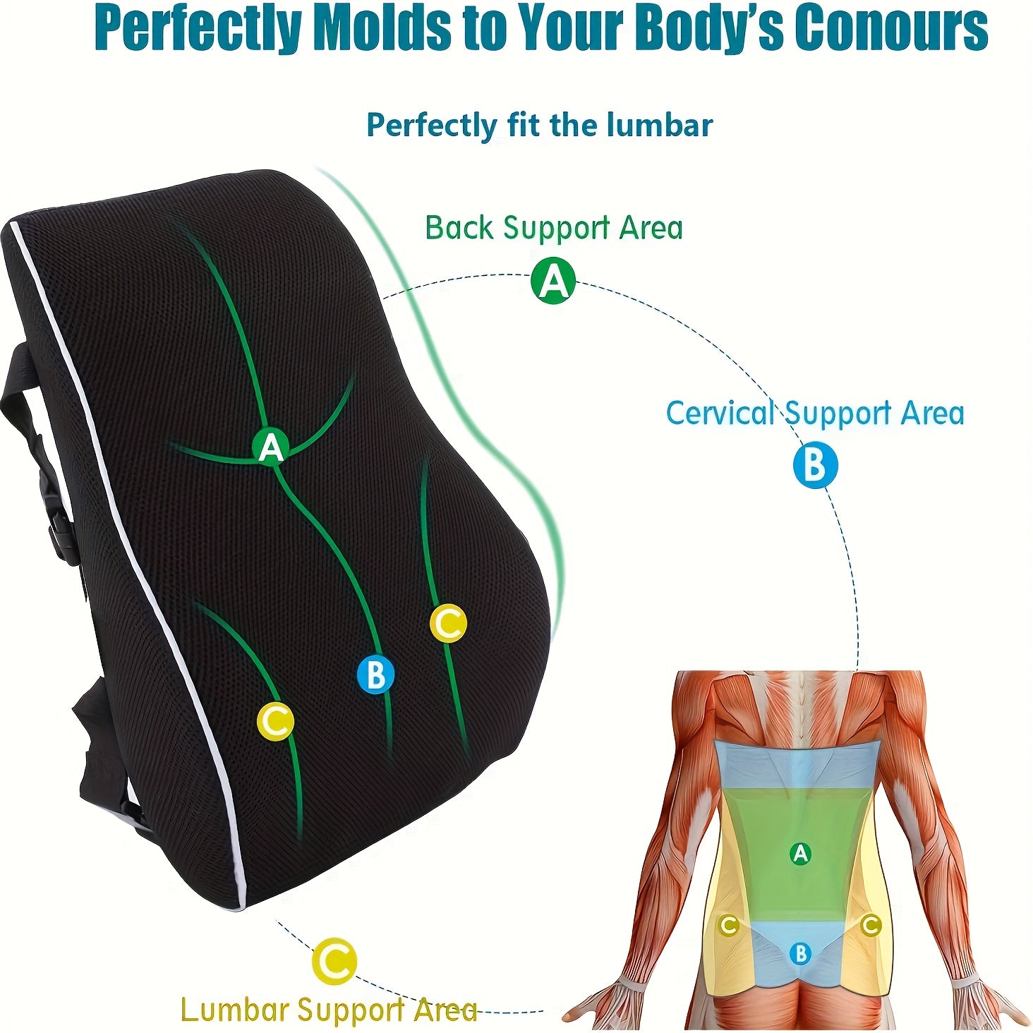 Ergonomic Lumbar Support Pillow for Office Chairs, Cars & Gaming - Memory Foam Cushion with Adjustable Mesh Cover Straps to Improve Posture