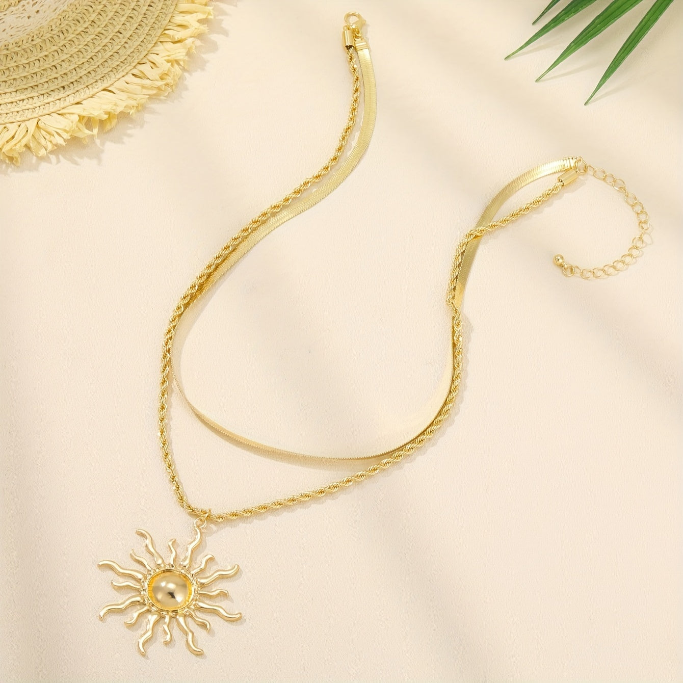 Double Layer Snake Bone Chain Necklace with Sun Flame Pendant – Elegant Zinc Alloy Statement Jewelry for Women, All-Season Fashion Accessory