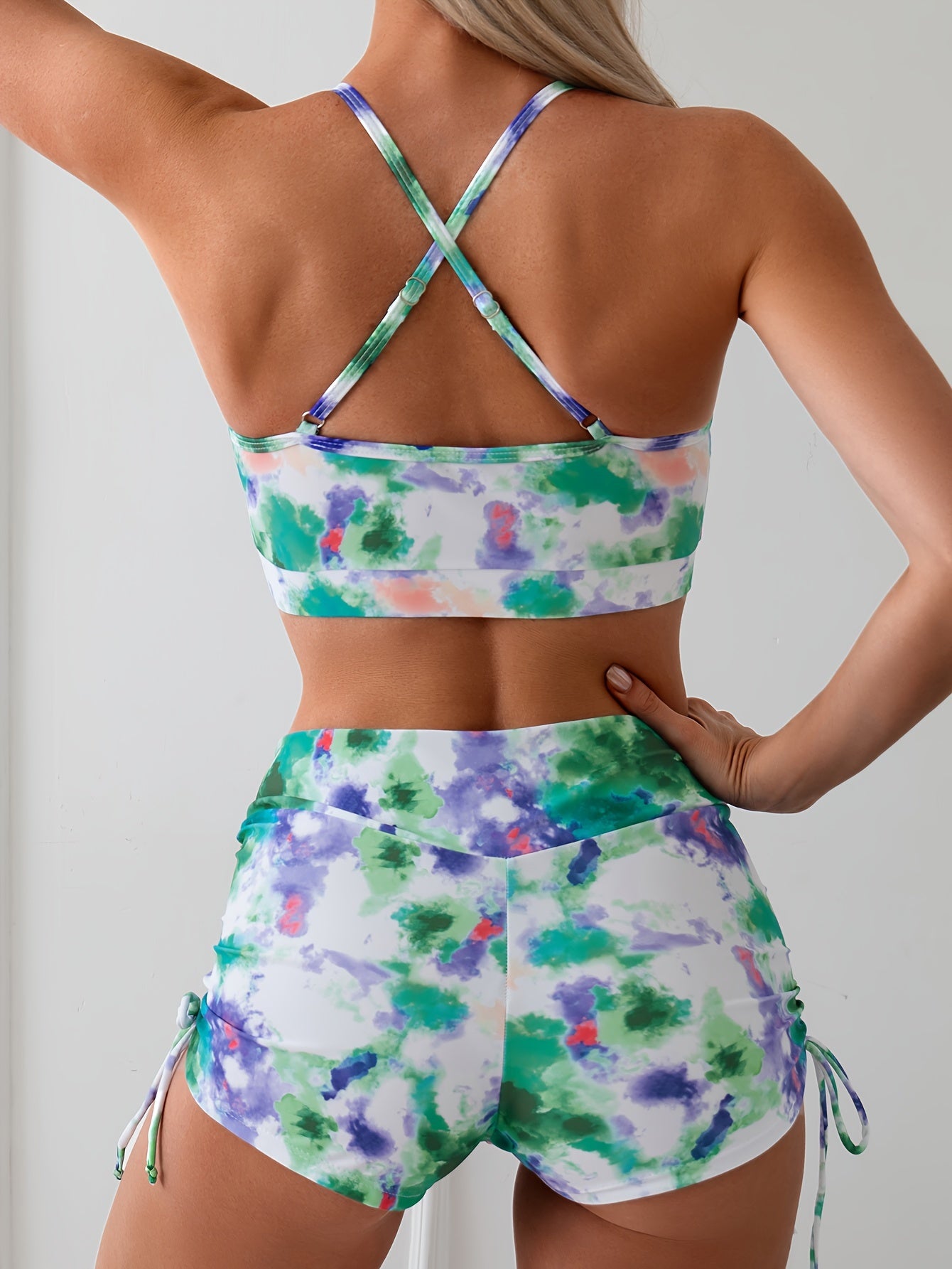 Tie Dye Drawstring High Waist 2 Piece Set Bikini, Criss Cross Spaghetti Strap Stretchy Swimsuits, Women's Swimwear & Clothing