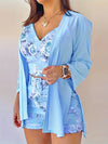 Elegant Three-piece Set - Solid Open Front Split Cardigan, V-neck Crop Top & Belted Floral Print Shorts Outfits - Women's Clothing - For Women - Suitable for Casual & Party Occasions - Perfect Gift for Fashionable Women