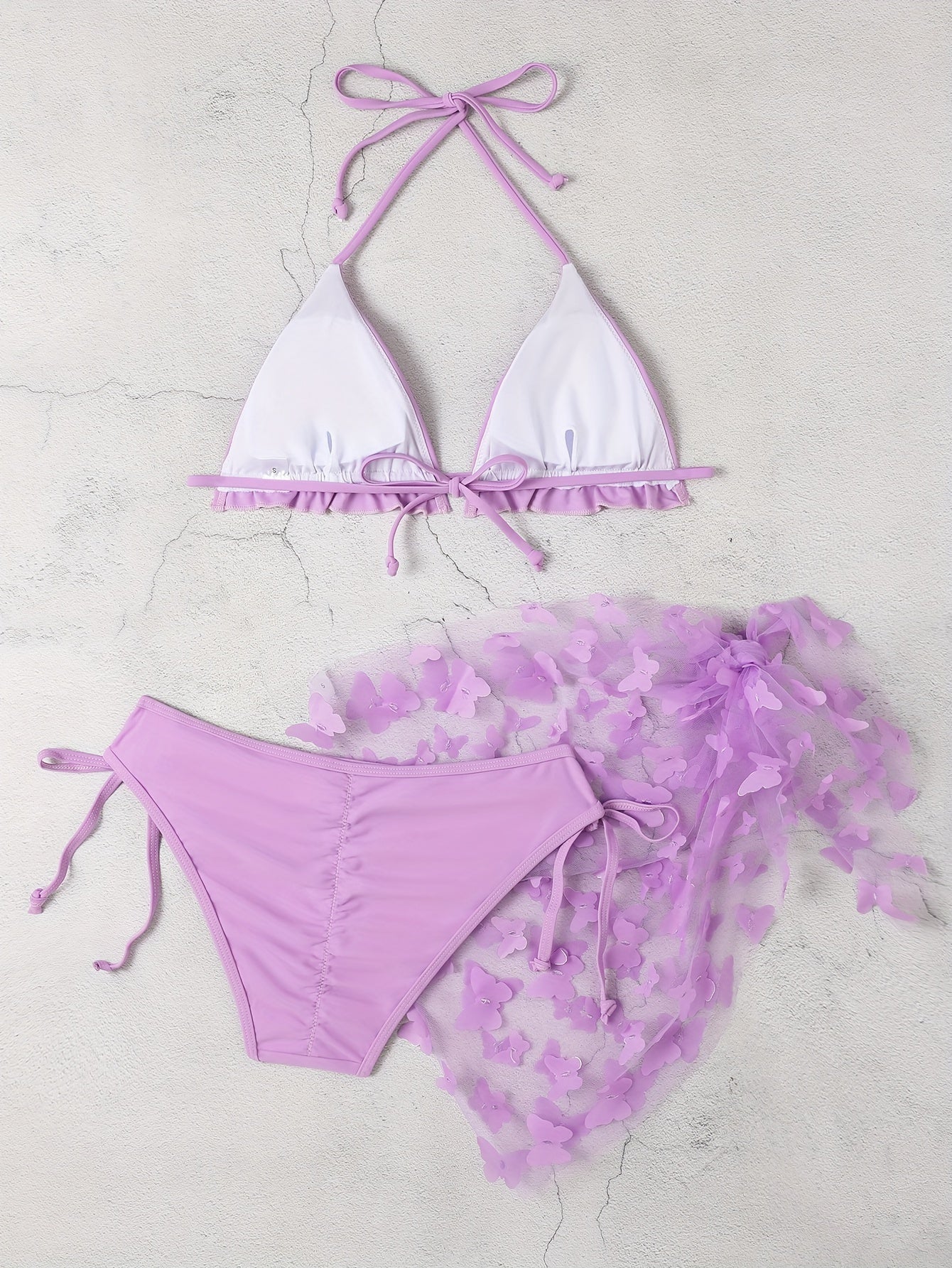 Solid Color Butterfly Applique 3 Piece Set Swimsuits, Triangle Halter Tie Strap Lettuce Trim Bikini, Women's Swimwear & Clothing