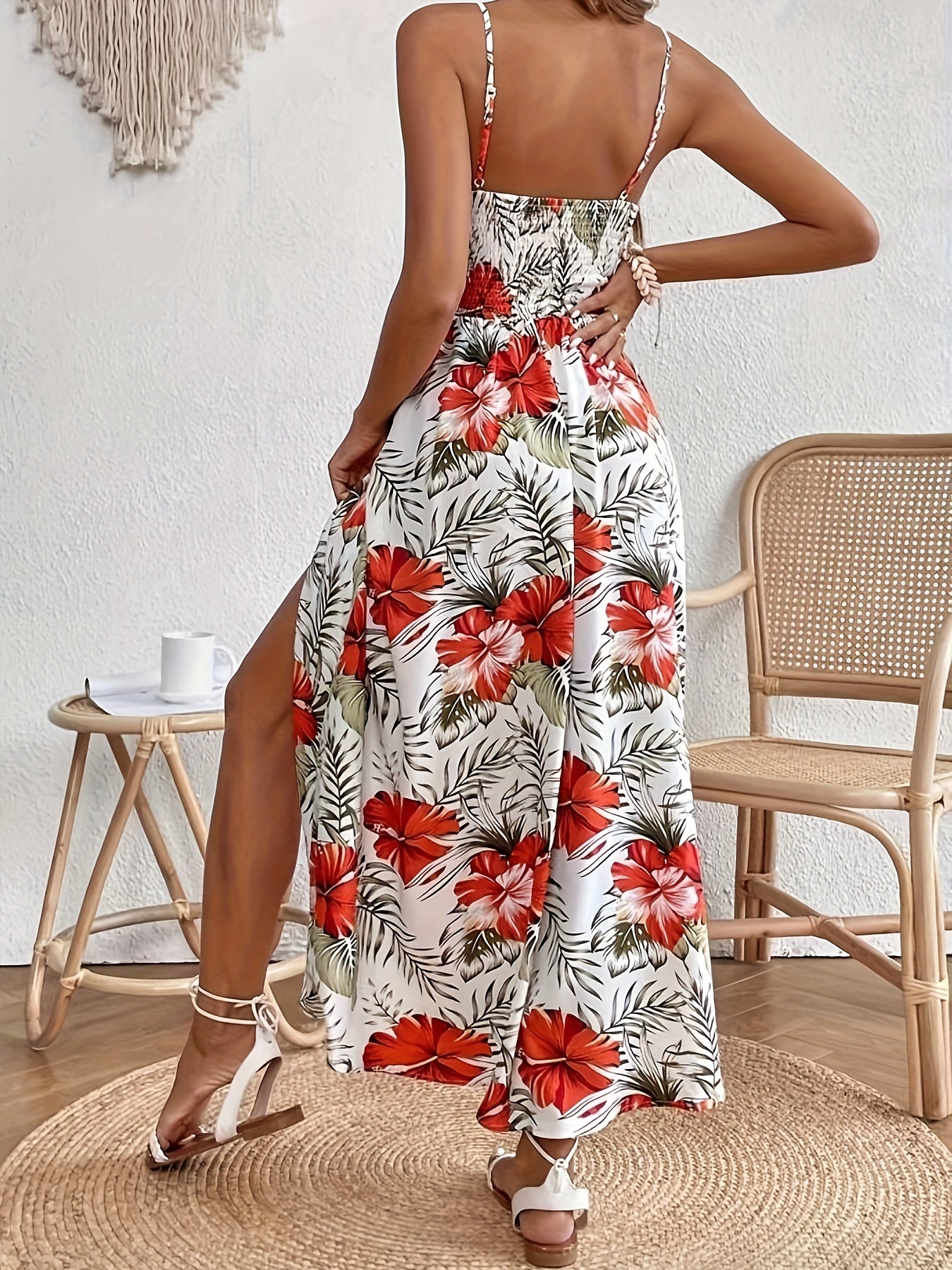 Floral Print Spaghetti Strap Dress - Elegant Sleeveless Split Dress For Spring & Summer - Women's Clothing -  For Women - Perfect for Parties & Casual Occasions - Ideal Gift for Her