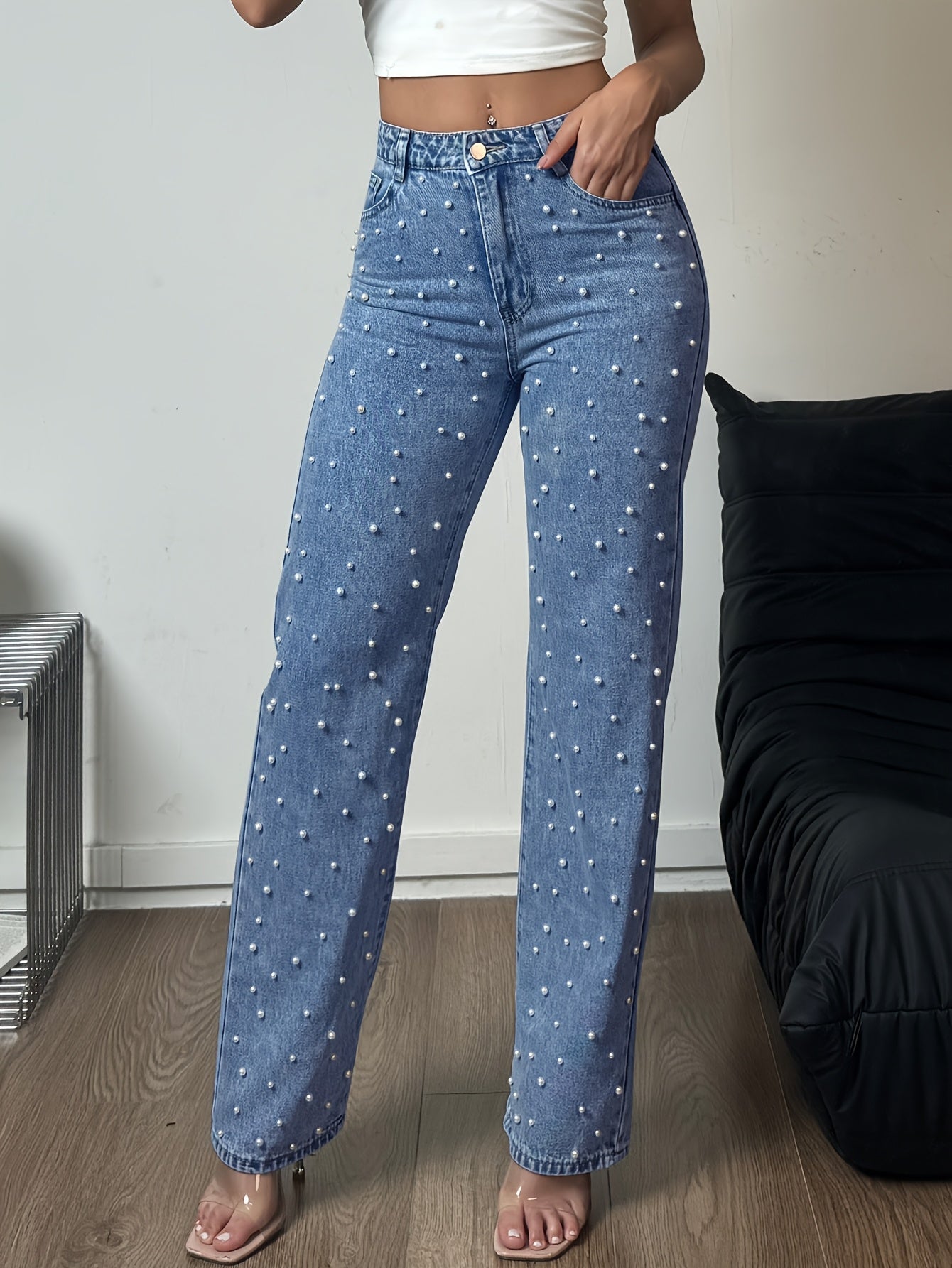 Women's Casual Straight Leg Denim Pants with Pearl Accents - Loose Fit, High-Waisted, Machine Washable, Pockets & Zipper Closure for Year-Round Wear, Party & Everyday Outfits, Straight Leg Jeans