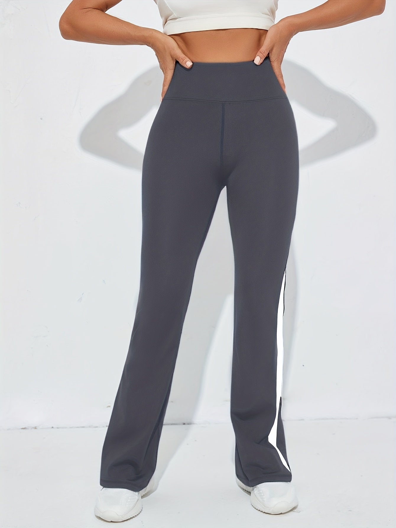 1pc Women's High-Waisted Yoga Pants - Tummy Control Tummy Control Stretchy Athletic Leggings with Striped Design, Flared Bottoms for Workout & Casual Wear, All-Season Machine Washable