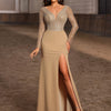 Women's Elegant Long Sleeve Sequin V-Neck Bodycon Mermaid Evening Gown with High Slit - Beige Formal Party Dress for Galas, Weddings & Proms