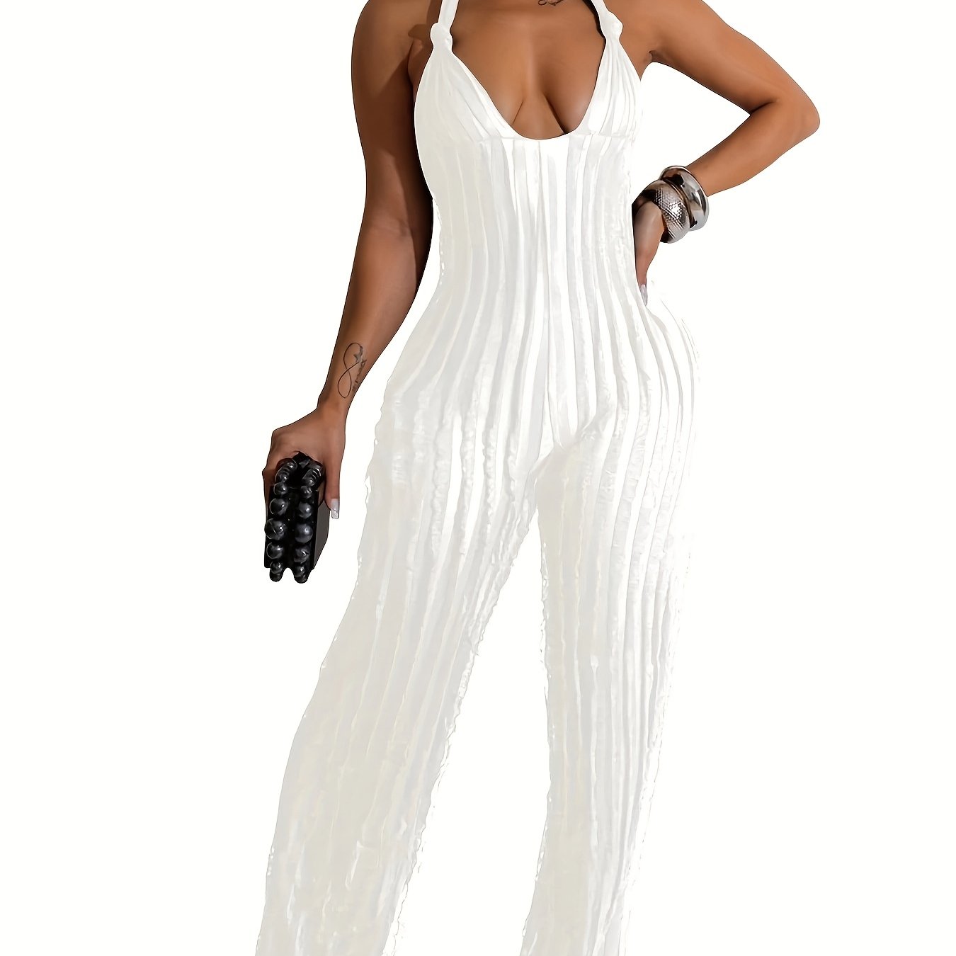 Royal Blue Halter Neck Jumpsuit for Women - Sexy Backless Pleated Wide Leg Romper, Boho Style, Deep V-Neck, Sleeveless, Machine Washable, Ladies Rompers And Jumpsuits