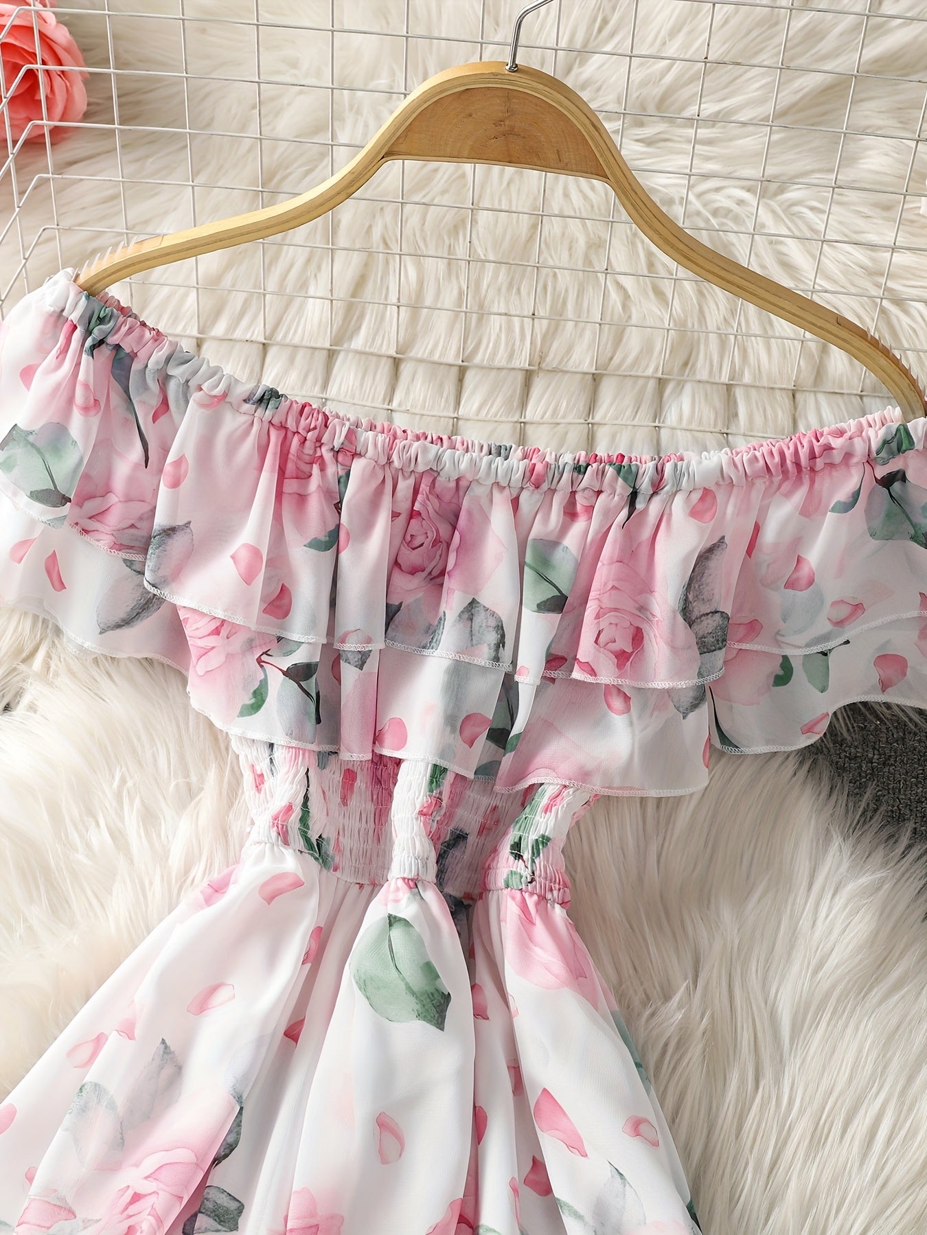 Elegant Women's Floral Print Off-Shoulder Dress - Ruffled Hem, Sleeveless, Polyester, Perfect for Spring/Summer