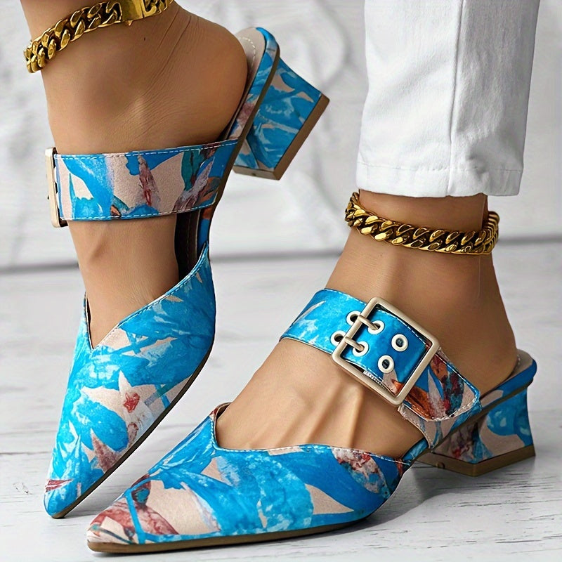 Chic Guangdong-Inspired Women's Sandals with Unique Print, Slip-On Pointed Toe Mid-Heel Shoes - Faux Cover & PVC Sole