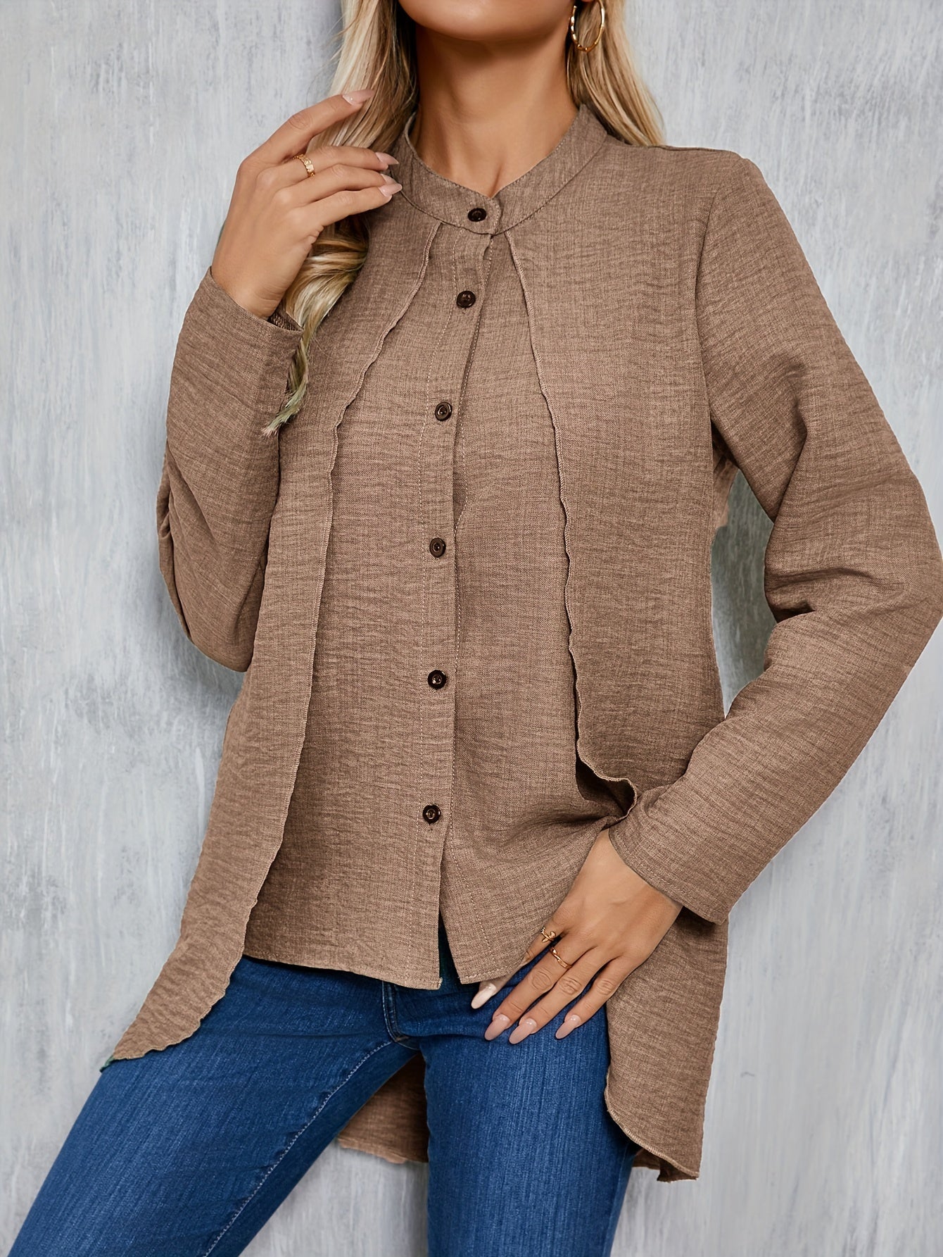 Solid Color Single Breasted Splicing Blouse, Elegant Long Sleeve Layered Blouse For Spring & Fall, Women's Clothing
