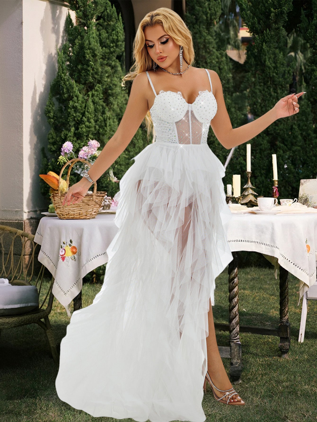 Tulle Prom Dresses for Women, Glitter Lace A Line High-Low Ruffled, Corset Party White Tulle Gown with Slit