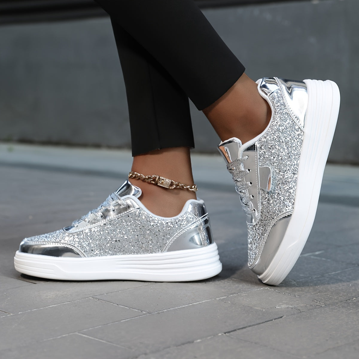 Women'S Glittery Sequin Sneakers - Golden & White Low-Top Lace-Up Casual Skate Shoes with MD Sole, Fabric Insole, and Synthetic Upper for All Season