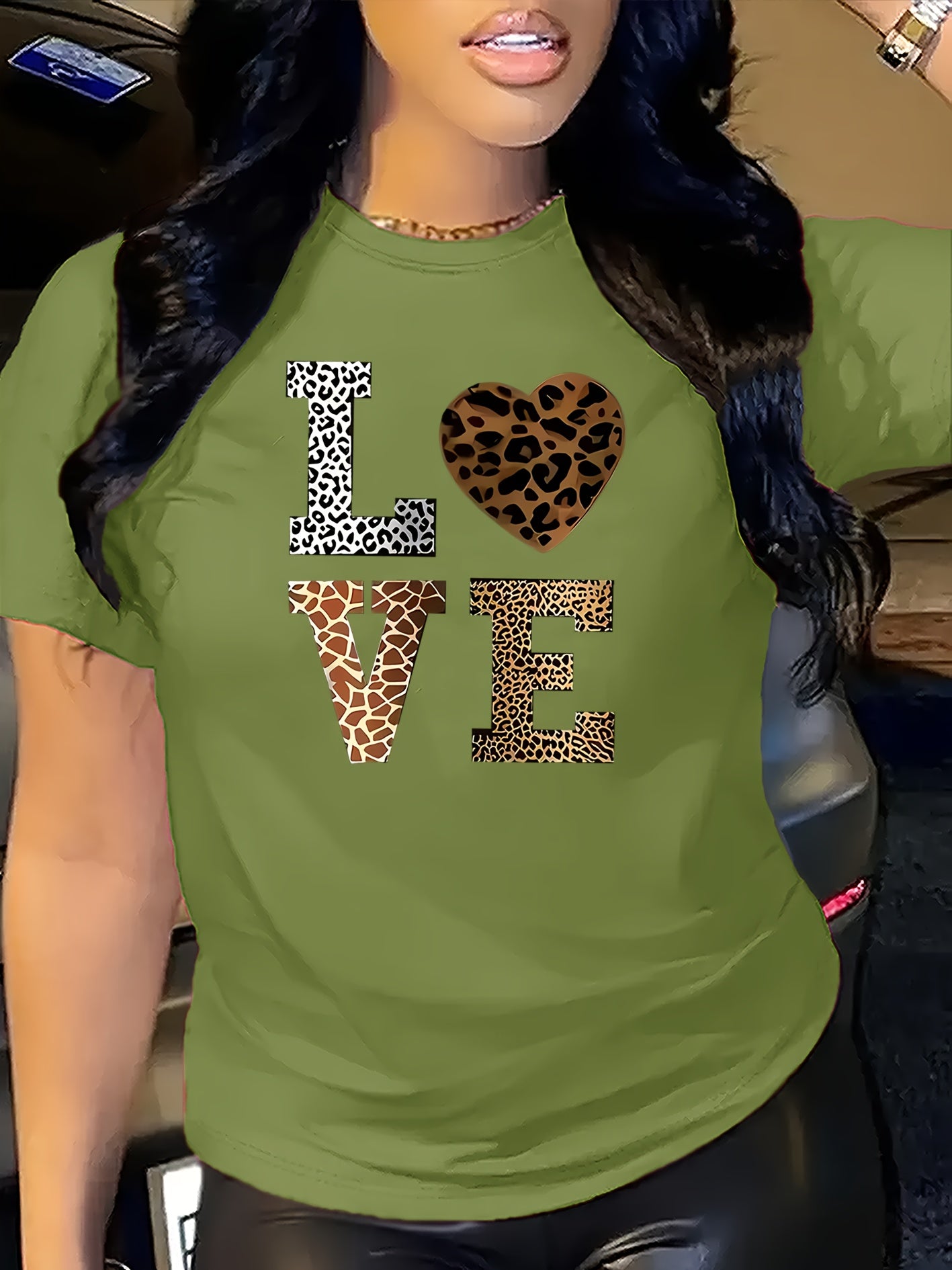 Stylish White 'LOVE' Leopard Heart Print Tee - Casual Round Neck Short Sleeve, 100% Polyester, Machine Washable - Perfect for All Seasons, Casual Wear Tee|Leopard Heart Design|Stretchable Material