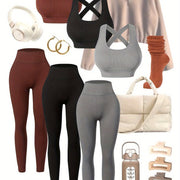 [Seamless Yoga Leggings] 3pack High-Waisted Yoga Leggings Set - Seamless, Breathable, All-Season - With Built-In Bra