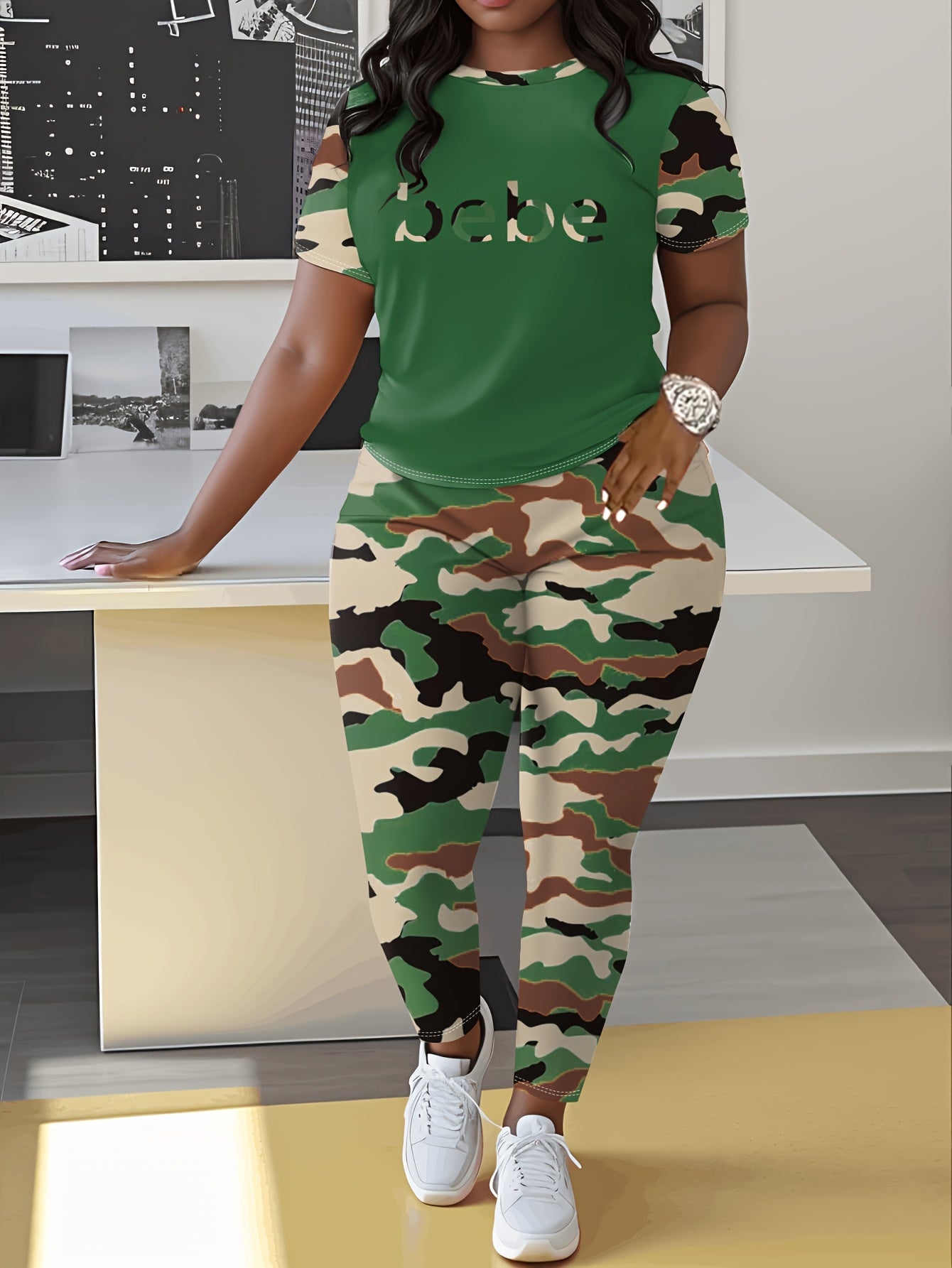 Adorable 'BEBE' Letter Print & Camo Patchwork Spring/Summer Set - Comfy Polyester Blend T-Shirt & Joggers, Machine Washable, for Women