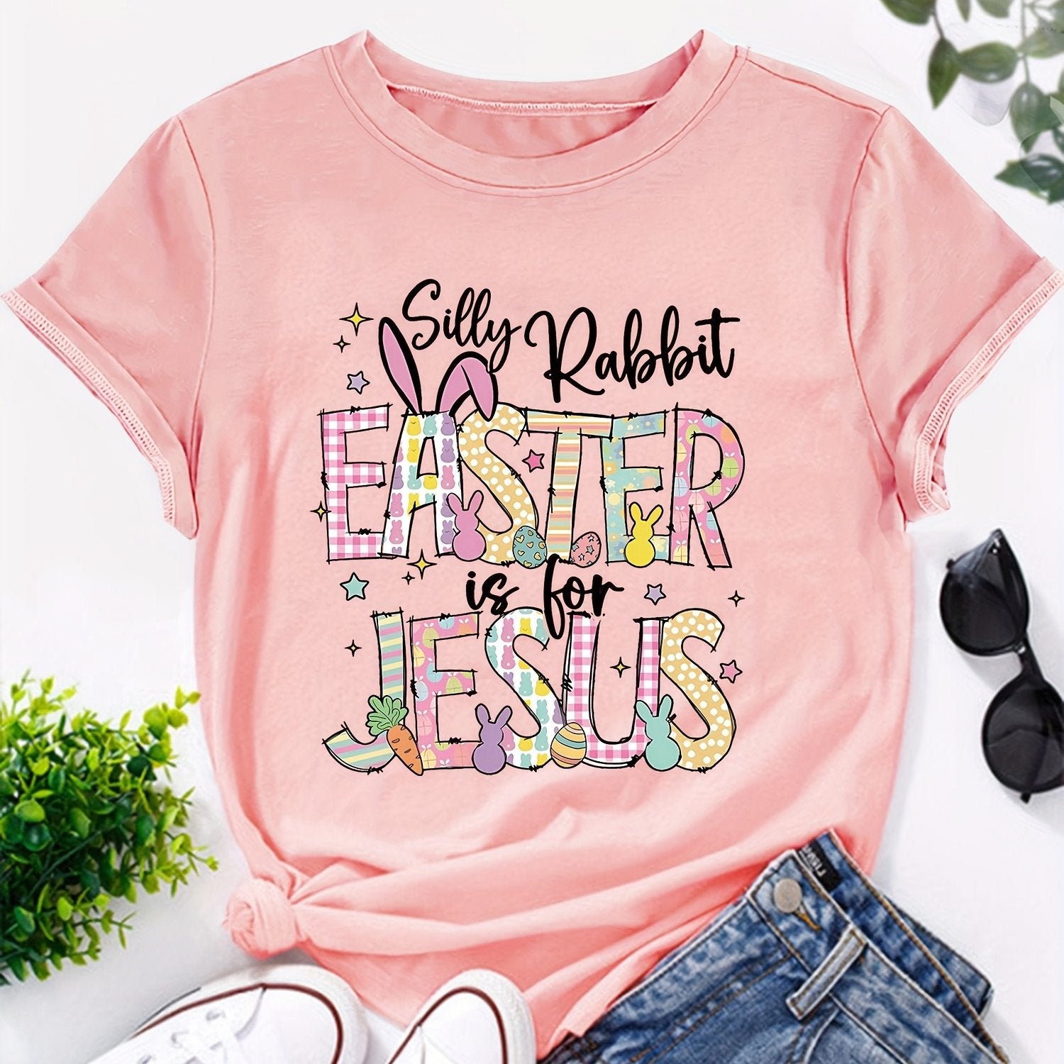 Silly Bunny Easter is Jesus Happy Easter Bunny Christian Graphic Print Fashion Casual Short Sleeve, Spring & Summer Fit Fit, Crew Neck Women'S Cheap Affordable T-Shirt