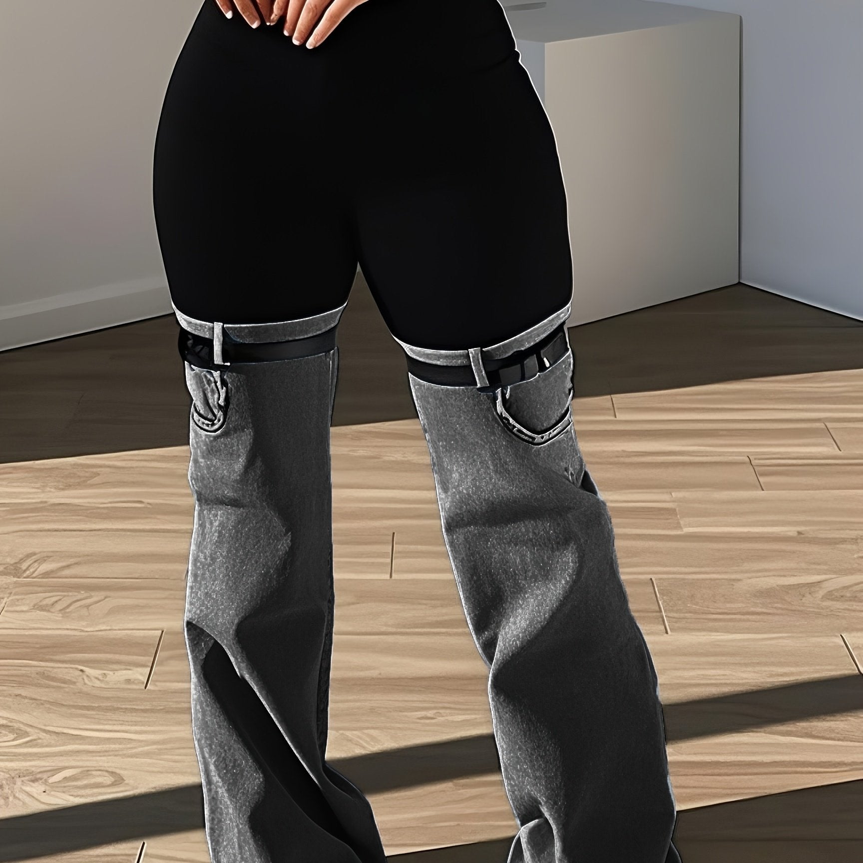 Women High Elastic Waist Two Tone Trendy Patchwork Jeans With Garter Belt Detail – Unique Streetwear Style