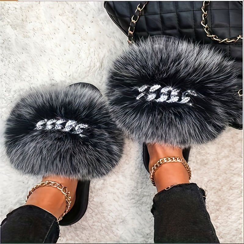 Women's Faux Fur Slip-On Sandals - Open-Toe Summer Slide Shoes with Back Strap, Plush Comfort & Elegant Design for Casual Outings, Beach, Lounging