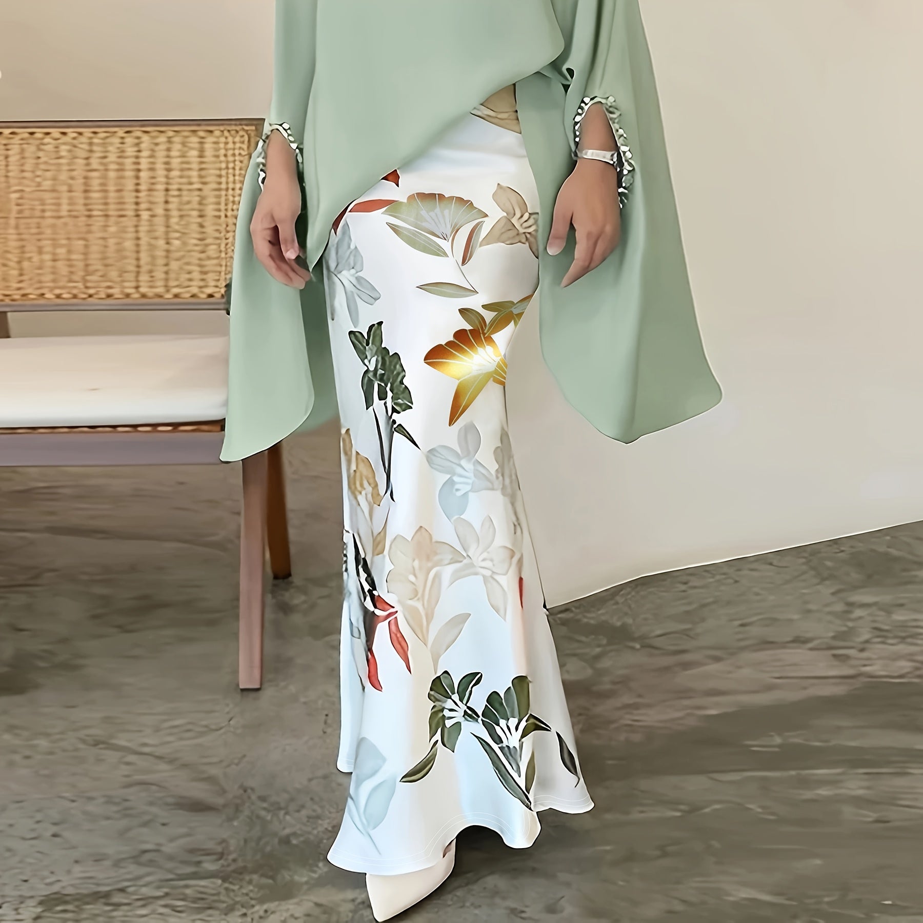 Women's Elegant Floral Print Stretchy Mermaid Skirt - Plus Size Long Flowy Polyester-Spandex Blend, Machine Washable All-Season Midi Skirt for Casual & Formal Wear, Comfortable Fashion | Highwaisted Skirt | Flexible Wear