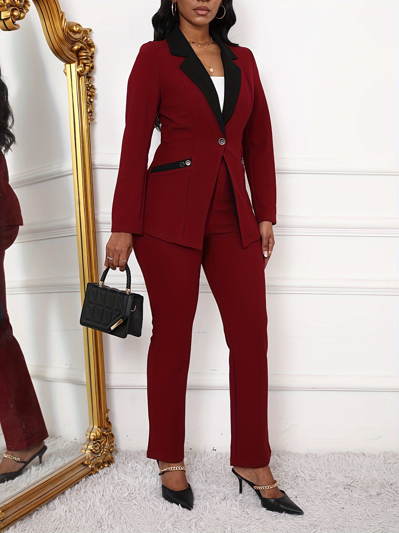 Long Sleeve Machine Washable Color Block Women's Blazer & Pants Set - Lapel Collar, Perfect for Work & Casual Wear