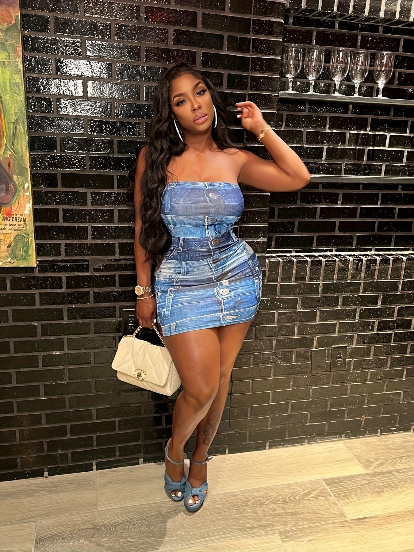 Sleeveless Denim Print Bodycon Mini Dress - Sexy Off-Shoulder Design, Stretchy Polyester Blend, Summer Casual Wear for Women, Light Blue Denim-Like Fabric, Perfect for Urban Fashion, Denim Dress