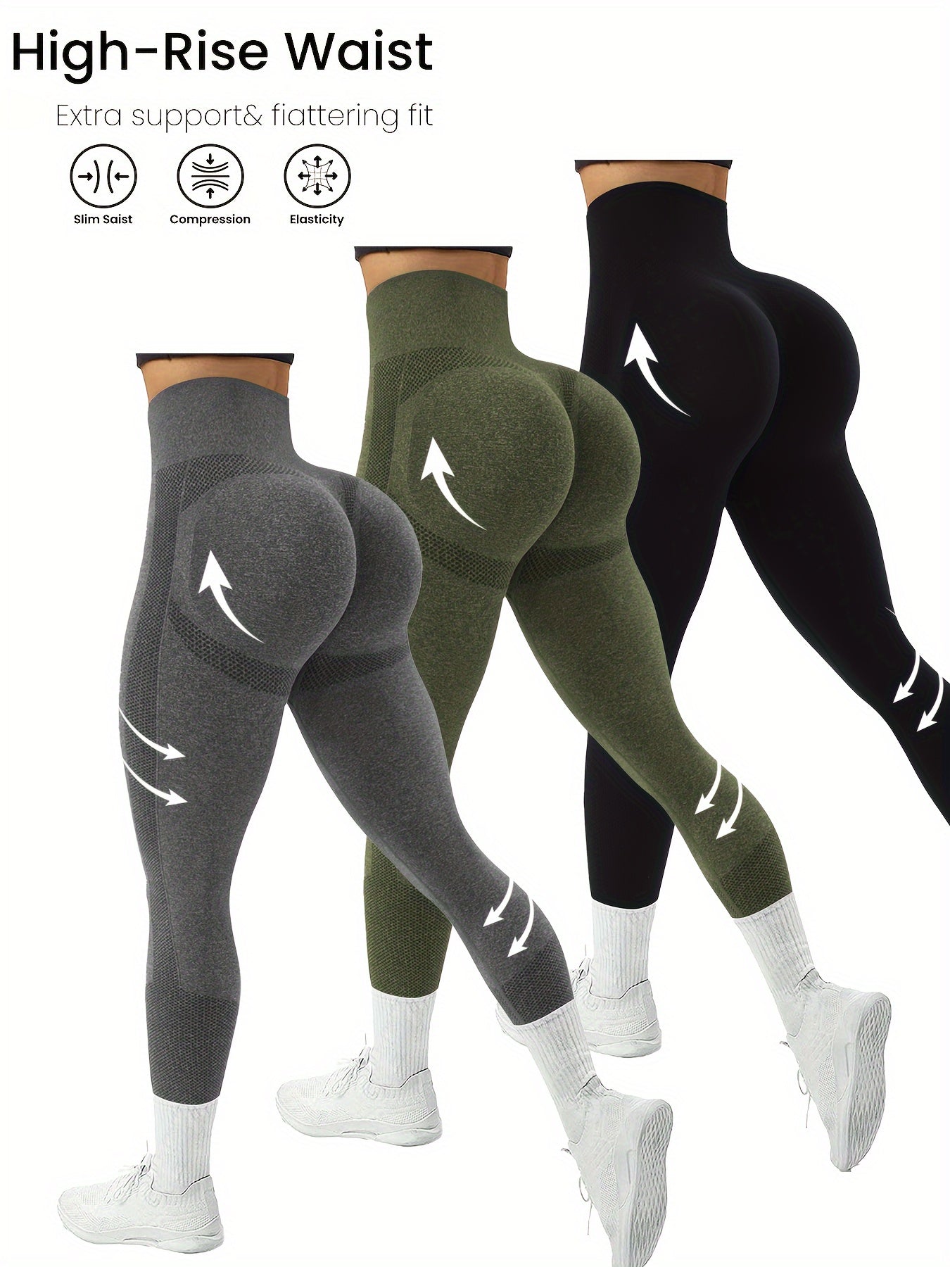 3-Pack High-Waist Compression Sports Leggings for Women with Side Stripe Detail, Polyamide & Elastane, Solid Color, High Stretch, Skinny Fit, Cropped Length - Elastic Waist Yoga Pants for Adults