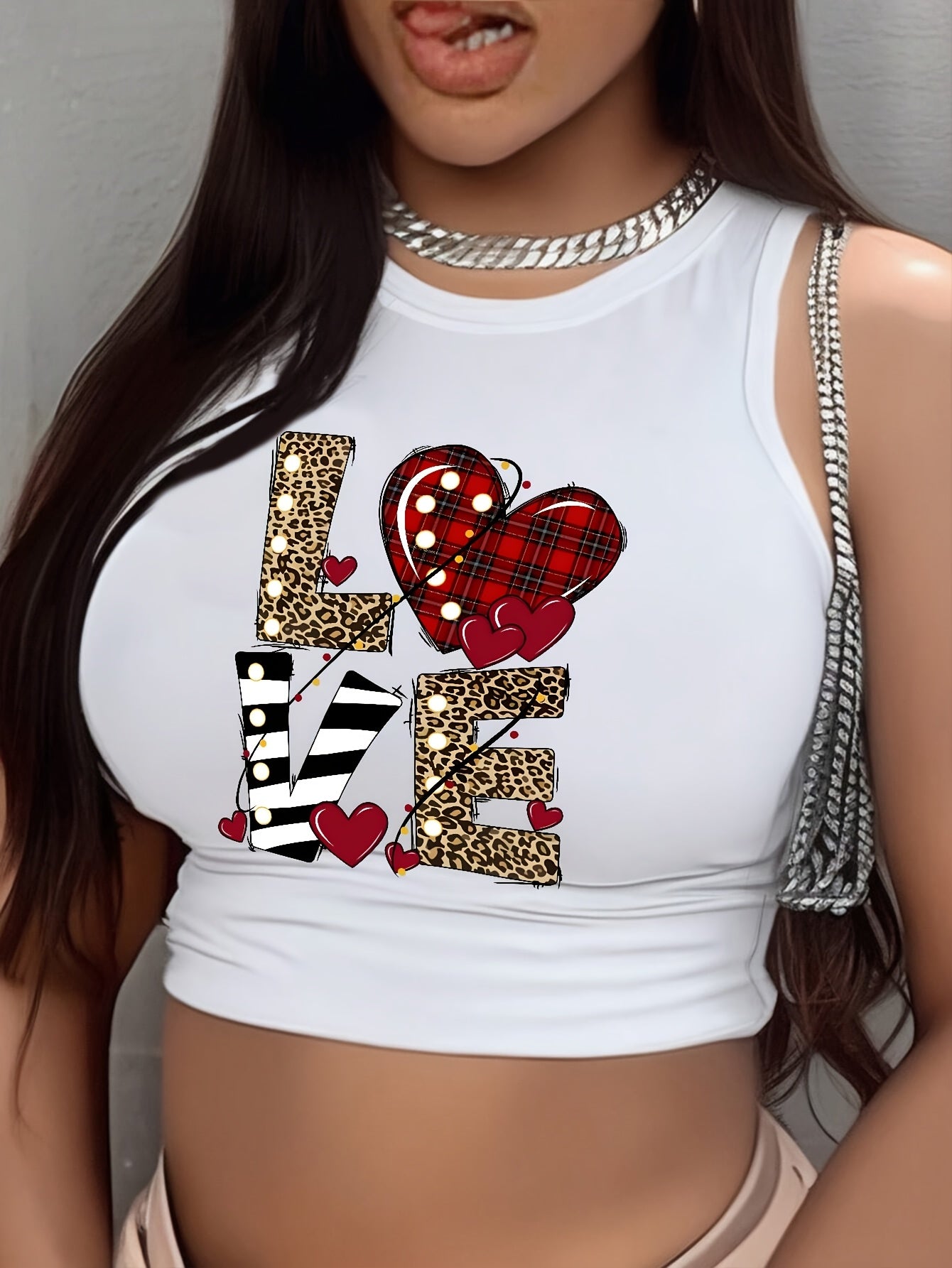 Women'S Casual Spring/Summer/Fall Knit Fabric Sleeveless Vest with Alphabet and Heart Print, No Padding, Crew Neck, Polyester