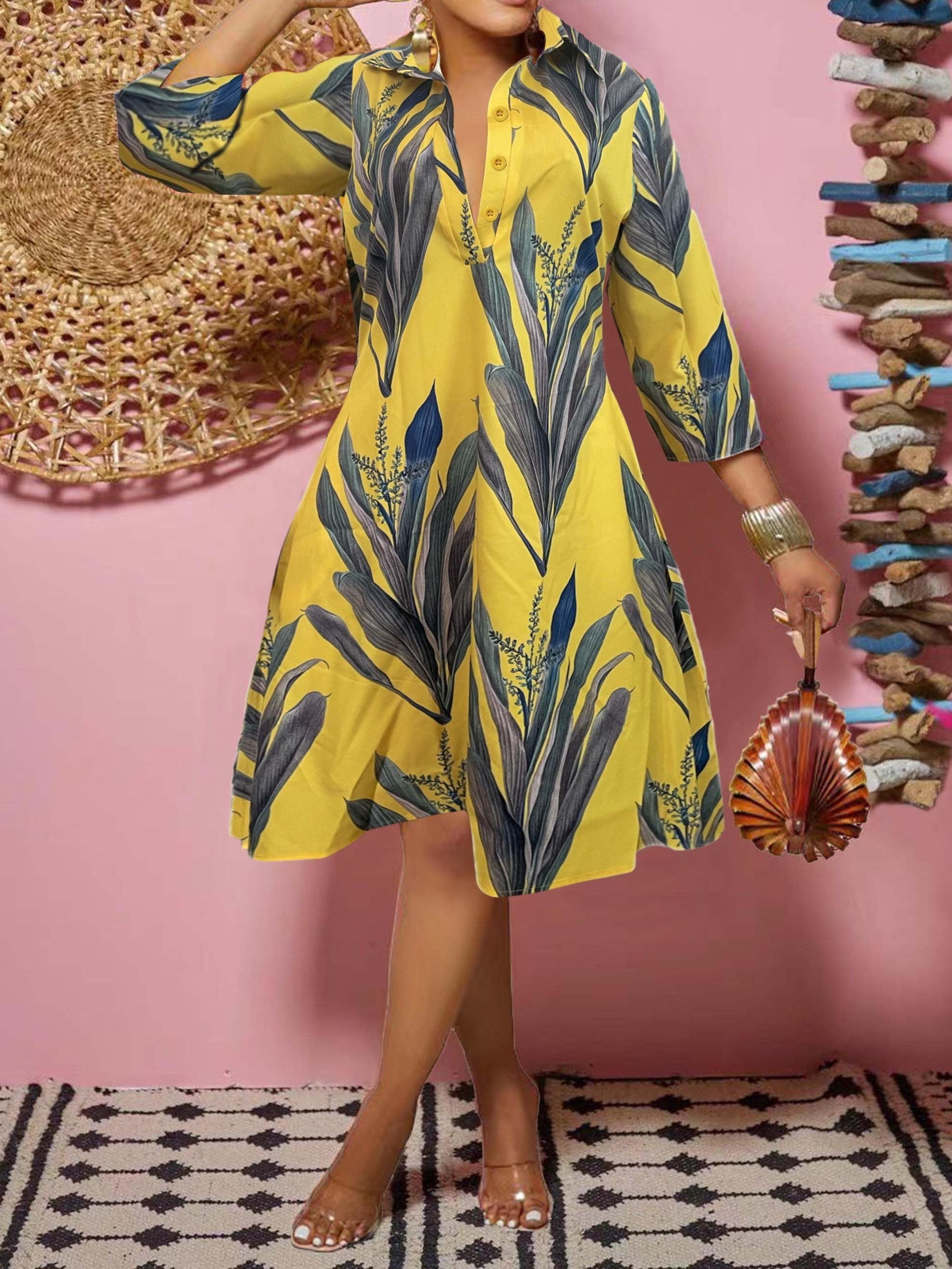 Floral Button-Down Midi Dress with Long Sleeves, Women's Casual Dress