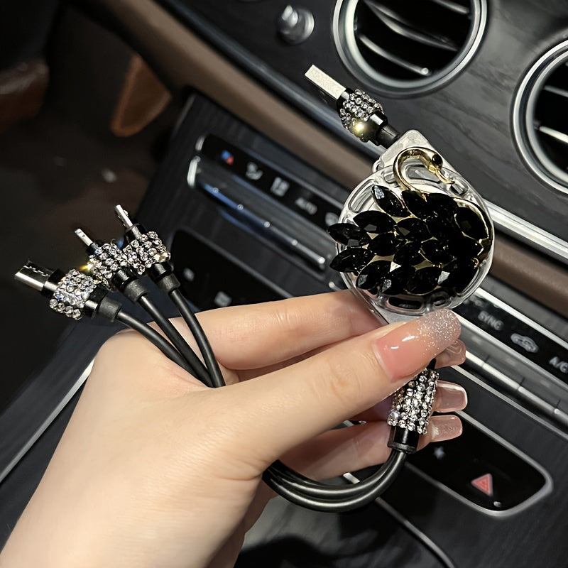 [3-in-1 Fashion USB Charging Cable] 1pc Durcord 3-in-1 Fashion USB Charging Cable, Rhinestone Embellished, Compatible with iPhone 16/15/14/13/12/11, Vivo, Oppo, Xiaomi, Huawei - Trendy Street Style Data Cord without Battery