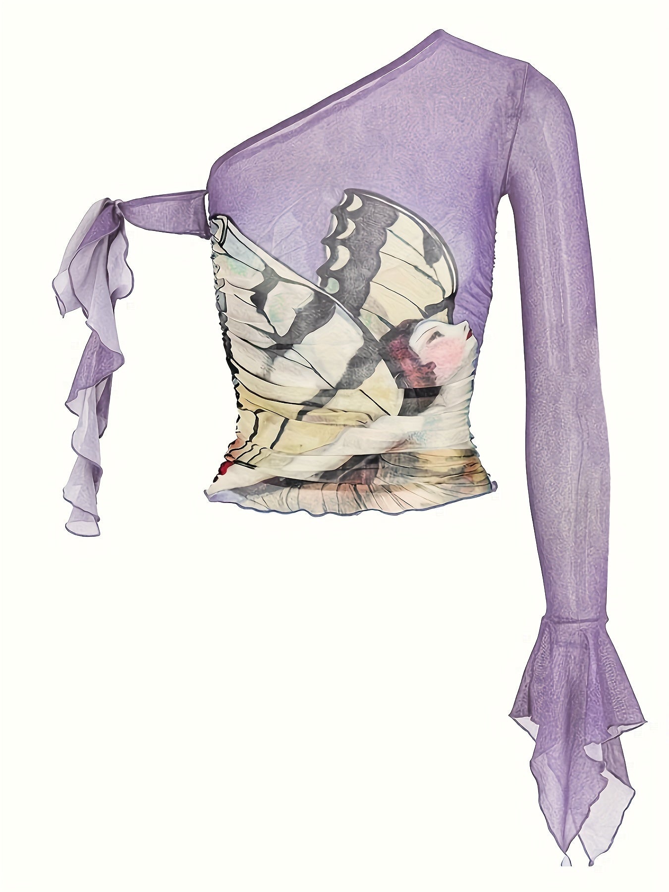 Figure Print Ruffle Trim Asymmetric T-shirt, Y2K Sheer Mesh Long Sleeve Top, Women's Clothing