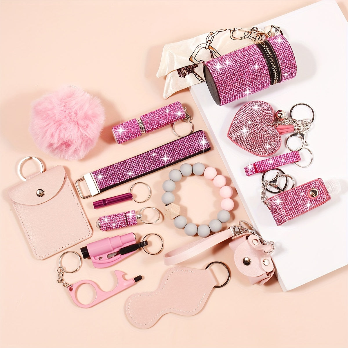 15pcs Rhinestone Safety Keychain Set for Women, Wristlet Keyring with Storage Pouch & Pom Pom Card Holder Accessories Kit
