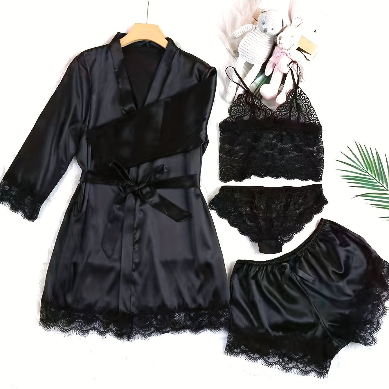 Three Quarter Sleeve Satin Elegant Lounge Set, Contrast Lace Robe With Belt, Cami Bra, Panty, and Elastic Shorts, Women's Loungewear