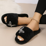 Rhinestone Butterfly Decor Home Warm Slippers, Soft Sole Platform Fluffy Non-slip Shoes, Bedroom Open Toe Plush Shoes