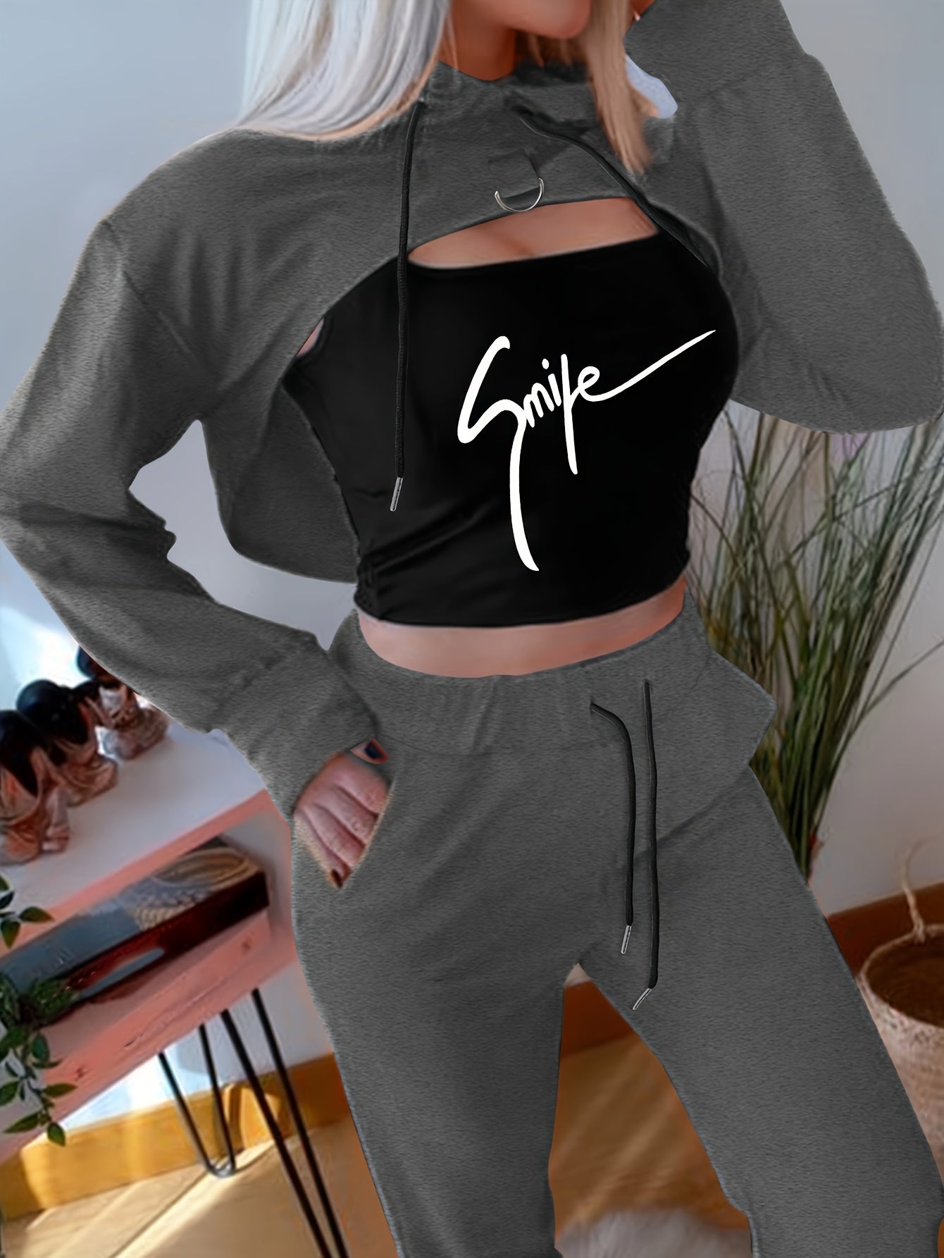 Three-Piece Outfit Set - Cozy Long Sleeve Hoodie, Stylish Scoop Neck Crop Top, and Comfortable Drawstring Waist Jogger Pants with Color Block Design and SMILE Print - Womens Complete Casual Clothing Set for Versatile Wardrobe