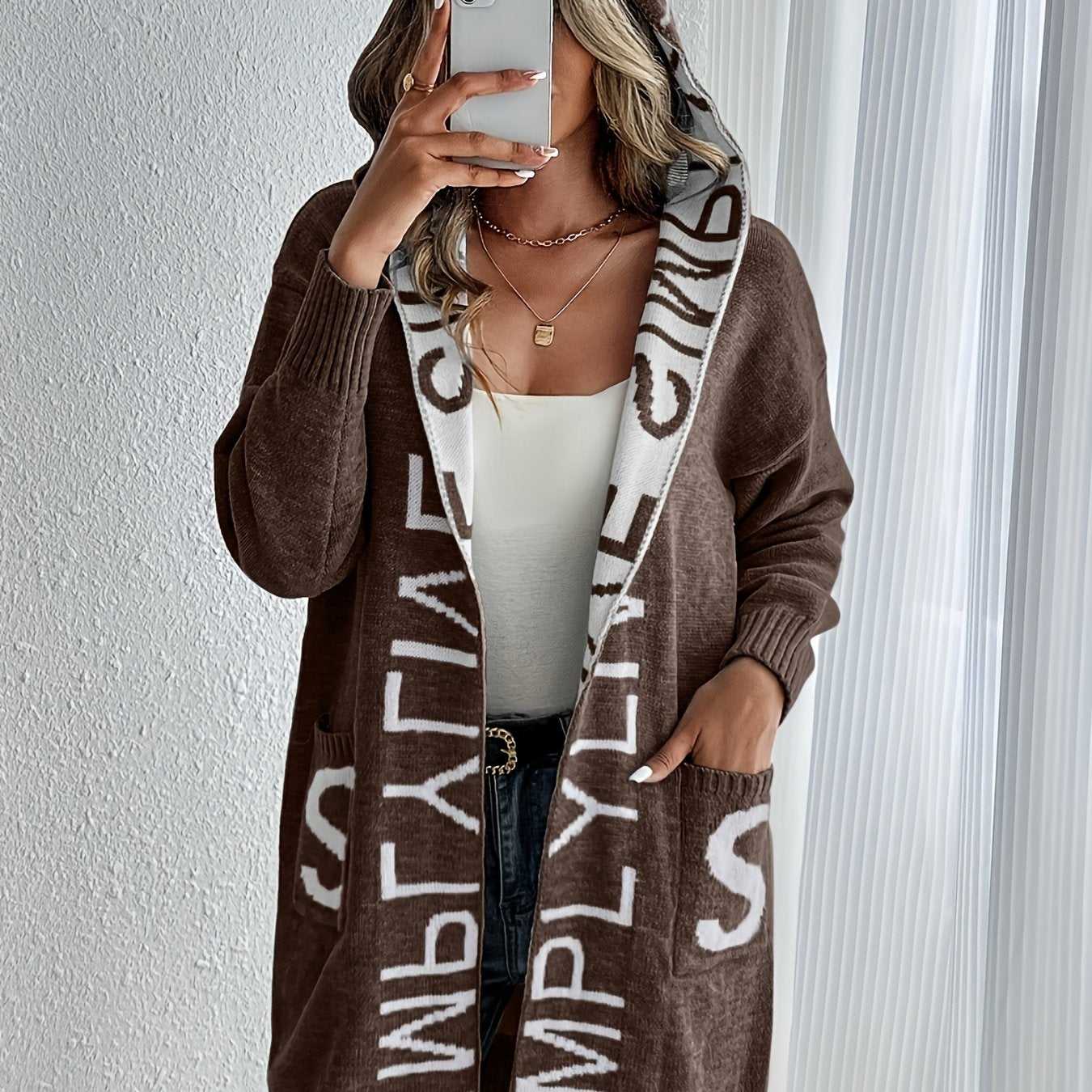 Women's Letter Print Open Front Knit Cardigan - Casual Hoodie Long Sleeve - Cozy Fleece Material - For Fall & Winter - Perfect for Casual Wear & Layering - Ideal Gift for Women