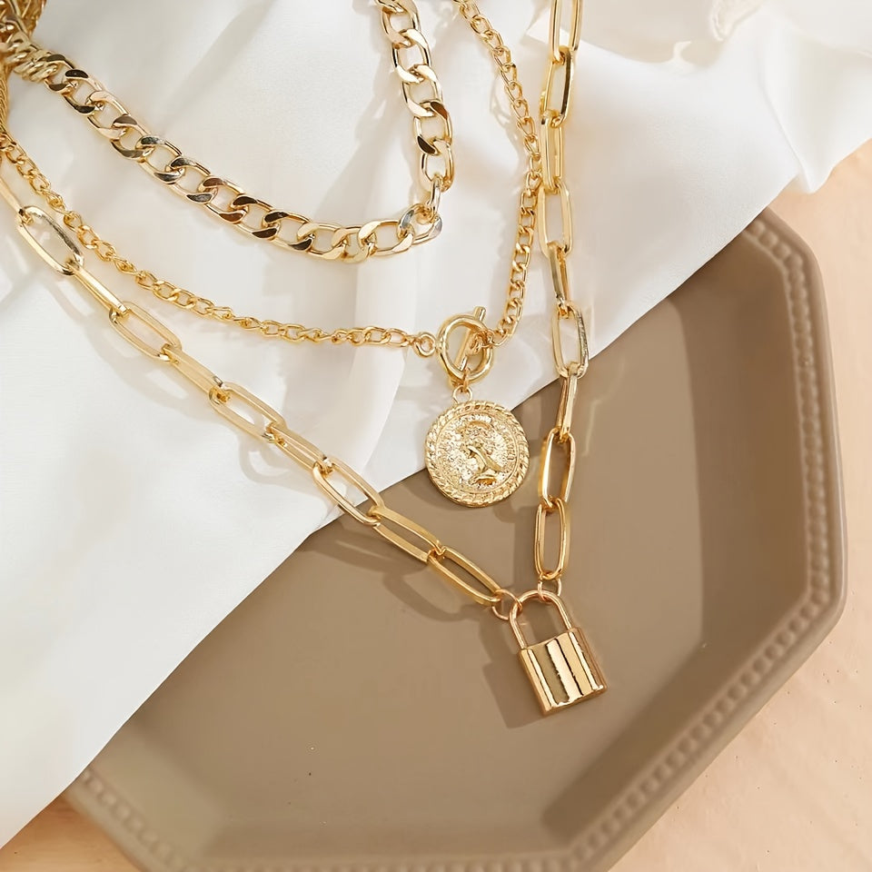 3pcs Retro Elegant Fashion Metal Round Head Lock Portrait OT Buckle Multi-layer Necklace Personalized Hip-hop Stacked Collarbone Chain Suitable for Women's Vacation Party Date Gift Daily Wear Halloween Valentine's Day New Yea