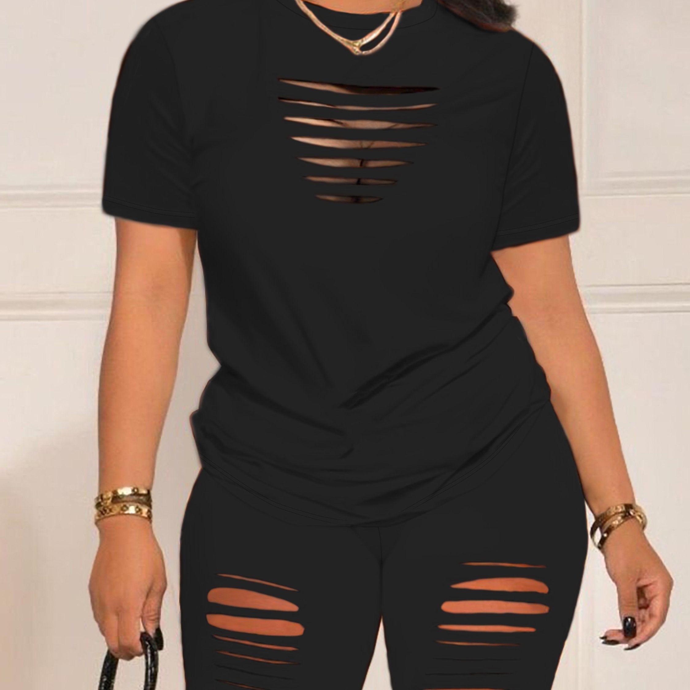 Summer Shorts Set - Pantsuits for Women, Crew Neck Short Sleeve Top & Shorts Outfits, Ripped Casual Clothing for Spring and Summer, Comfortable and Stylish Women's Clothing