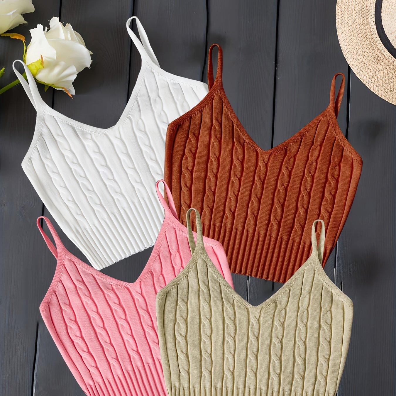 Valentine's Day 4 Packs Cable Knit Cami Tops, Versatile Crop V Neck Summer Sleeveless Cami Tops, Women's Clothing