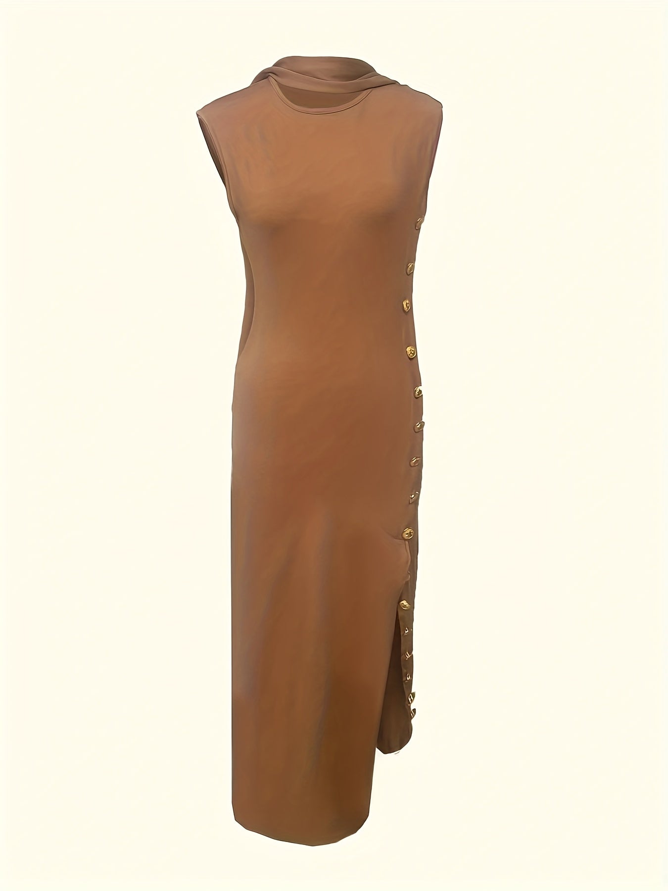 Women's Elegant Sleeveless Summer Dress with Irregular Slit & Golden Buttons - Lightweight Semi-Sheer Loose Fit Round Neck Long Dress, Machine Washable Solid Color for Casual or Formal Occasions, Cute Summer Dresses
