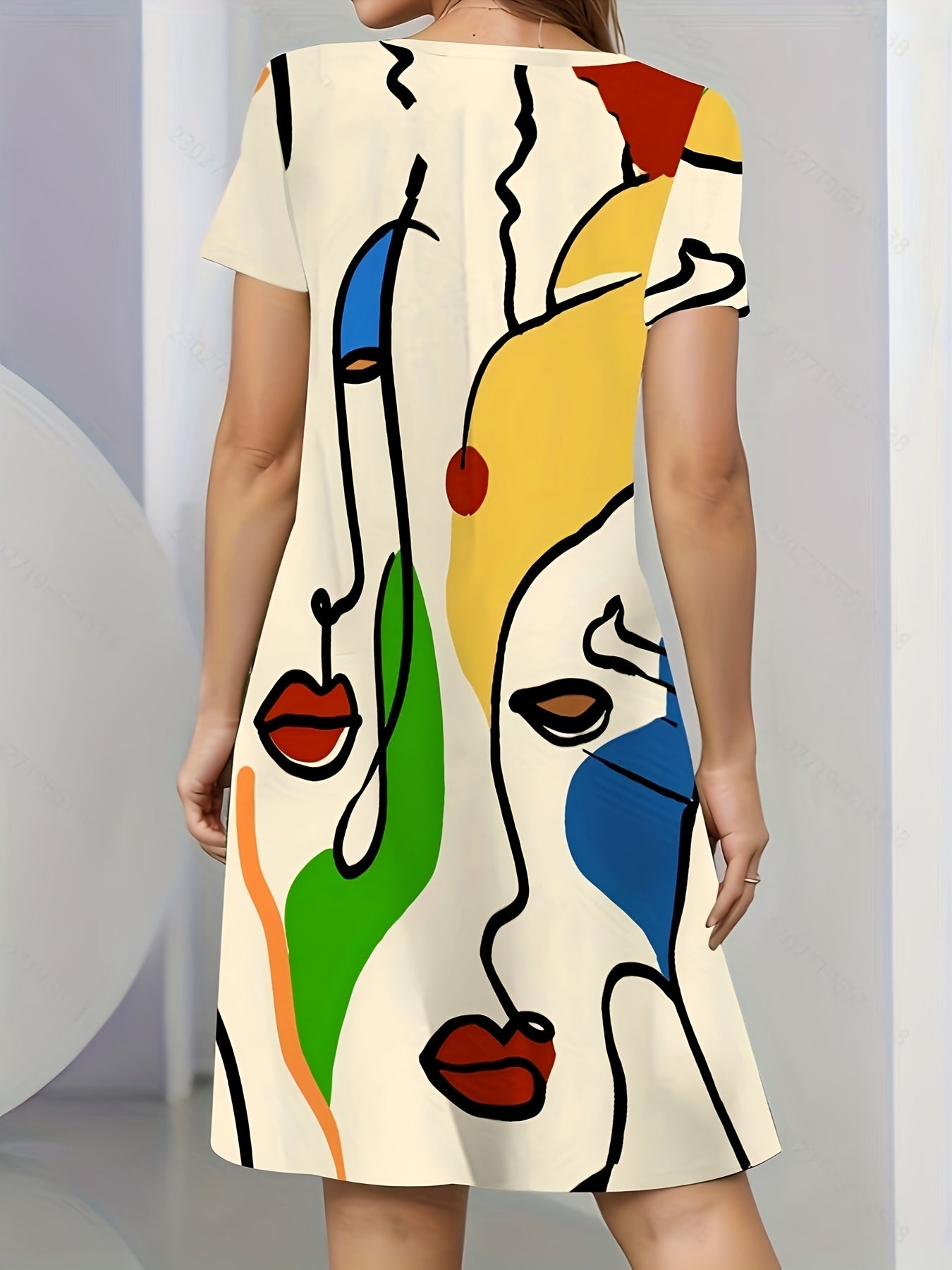 Women'S Casual Summer Dress with Vibrant Abstract Face Print - Short Sleeve, Loose Fit, All-Season, T-Shirt Style, Allseason Dress | Vibrant Print Dress | Comfortable Fit, Plus Size Dress