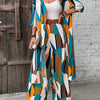 Vacation Style Geo Print Pantsuits Set, Long Length Short Sleeve Shirt & Wide Leg Pants Outfits, Women's Clothing